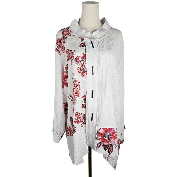 Ali Miles Tunic Top Size 3X Floral Print White Red Button Front Artsy Boho - Picture 1 of 10